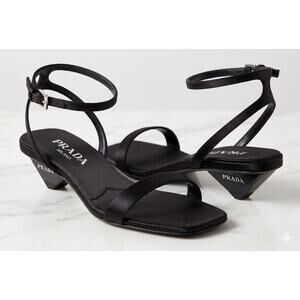 New Prada Black Sandals Women Satin Logo Low Triangle Heel Size 37.5 Shoes